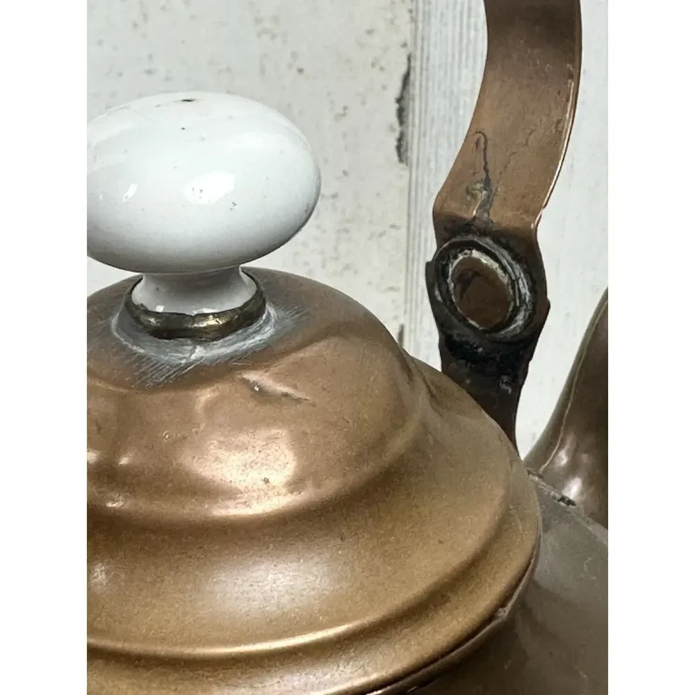 Folk Art‎ COPPER Tea Pot Kettle Patina Vintage Hand Made Porcelain Knob